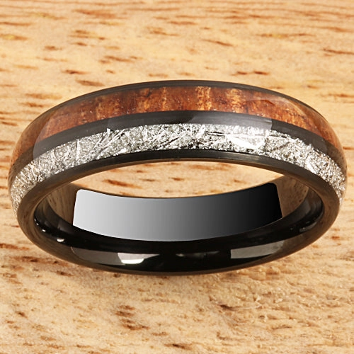 Tungsten Black Iron Plated Natural Koa Wood and Meteorite Half/Half Oval Wedding Ring 6mm