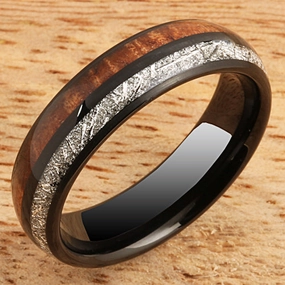 Tungsten Black Iron Plated Natural Koa Wood and Meteorite Half/Half Oval Wedding Ring 6mm