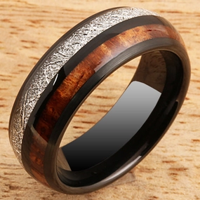 Tungsten Black Iron Plated Natural Koa Wood and Meteorite Half/Half Oval Wedding Ring 8mm