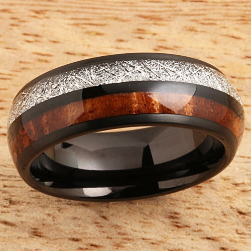 Tungsten Black Iron Plated Natural Koa Wood and Meteorite Half/Half Oval Wedding Ring 8mm