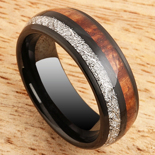Tungsten Black Iron Plated Natural Koa Wood and Meteorite Half/Half Oval Wedding Ring 8mm