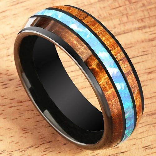 Tungsten Black Iron Plated Natural Koa Wood and Opal Triple Row Oval Wedding Ring 8mm