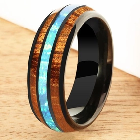 Tungsten Black Iron Plated Natural Koa Wood and Opal Triple Row Oval Wedding Ring 8mm