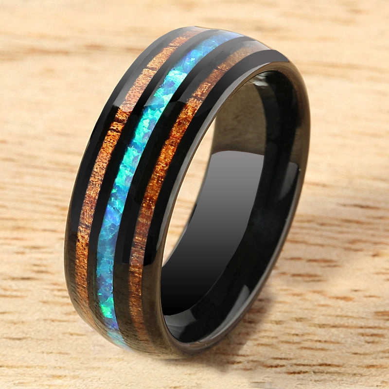 Tungsten Black Iron Plated Natural Koa Wood and Opal Triple Row Oval Wedding Ring 8mm