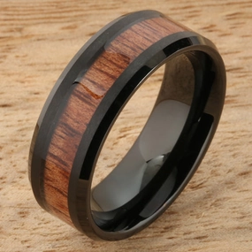 Tungsten Black Iron Plated Natural Koa Wood Beveled Edge Wedding Ring 8mm