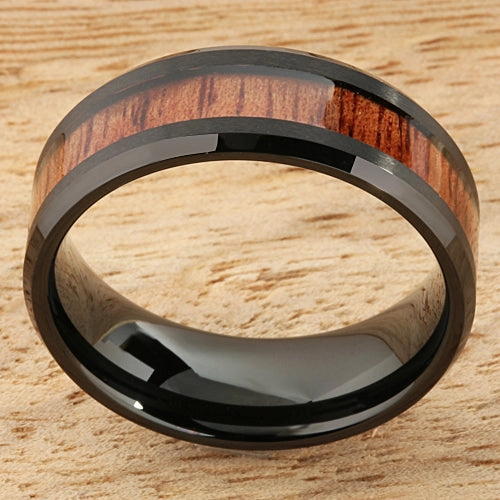 Tungsten Black Iron Plated Natural Koa Wood Beveled Edge Wedding Ring 8mm