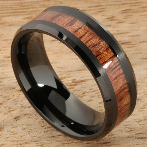 Tungsten Black Iron Plated Natural Koa Wood Beveled Edge Wedding Ring 8mm