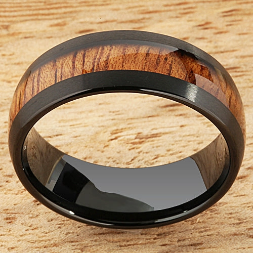 Tungsten Black Iron Plated Natural Koa Wood Oval Wedding Ring 8mm