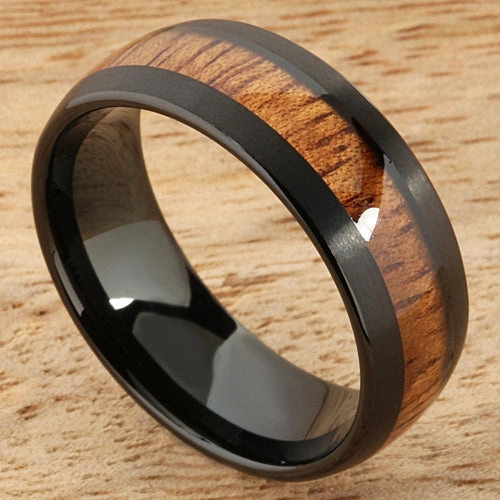 Tungsten Black Iron Plated Natural Koa Wood Oval Wedding Ring 8mm
