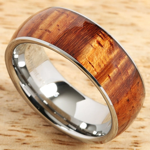 Tungsten Carbide Natural Curly Koa Wood Oval Wedding Ring 8mm