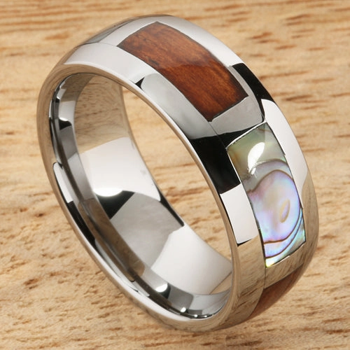 Tungsten Carbide Natural Koa Wood and Abalone Block Wedding Ring 8mm