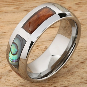 Tungsten Carbide Natural Koa Wood and Abalone Block Wedding Ring 8mm