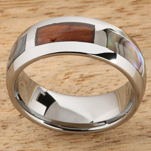 Tungsten Carbide Natural Koa Wood and Abalone Block Wedding Ring 8mm
