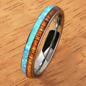 Tungsten Carbide Natural Koa Wood and Opal Half/Half Oval Wedding Ring 4mm