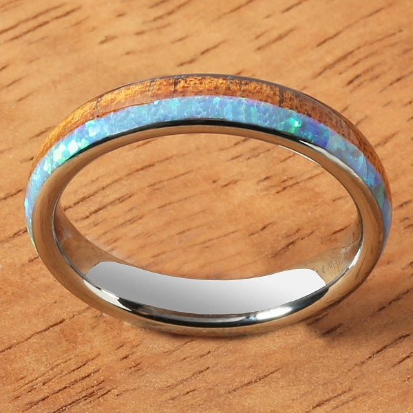 Tungsten Carbide Natural Koa Wood and Opal Half/Half Oval Wedding Ring 4mm