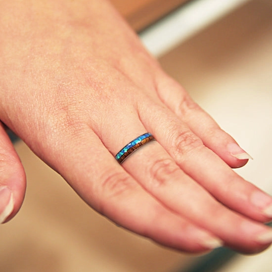 Tungsten Carbide Natural Koa Wood and Opal Half/Half Oval Wedding Ring 4mm