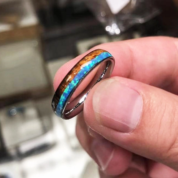 Tungsten Carbide Natural Koa Wood and Opal Half/Half Oval Wedding Ring 4mm
