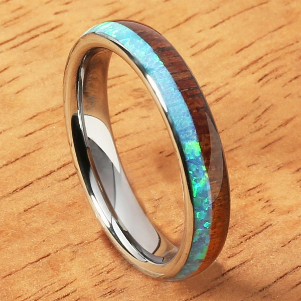 Tungsten Carbide Natural Koa Wood and Opal Half/Half Oval Wedding Ring 4mm
