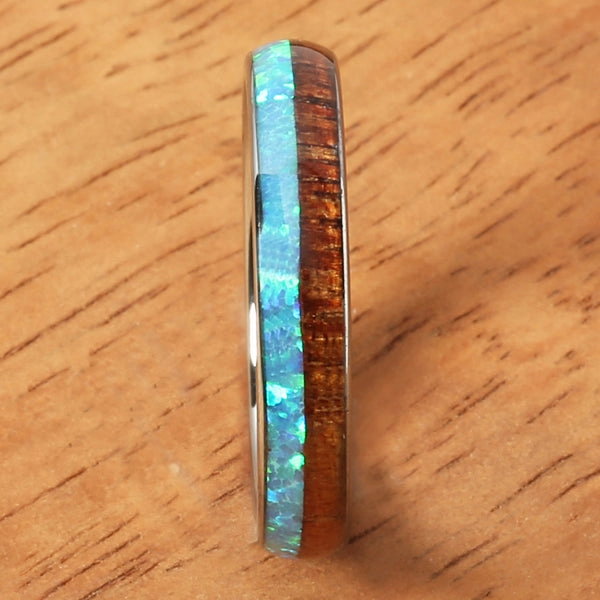 Tungsten Carbide Natural Koa Wood and Opal Half/Half Oval Wedding Ring 4mm