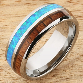 Tungsten Carbide Natural Koa Wood and Opal Half/Half Oval Wedding Ring 8mm