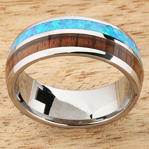 Tungsten Carbide Natural Koa Wood and Opal Half/Half Oval Wedding Ring 8mm