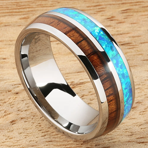 Tungsten Carbide Natural Koa Wood and Opal Half/Half Oval Wedding Ring 8mm