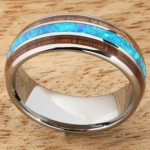 Tungsten Carbide Natural Koa Wood and Opal Triple Row Oval Wedding Ring 8mm