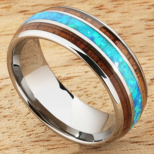 Tungsten Carbide Natural Koa Wood and Opal Triple Row Oval Wedding Ring 8mm