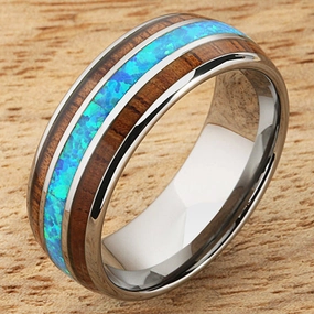 Tungsten Carbide Natural Koa Wood and Opal Triple Row Oval Wedding Ring 8mm
