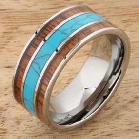 Tungsten Carbide Natural Koa Wood and Turquoise Flat Wedding Ring 10mm