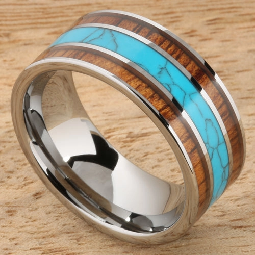 Tungsten Carbide Natural Koa Wood and Turquoise Flat Wedding Ring 10mm