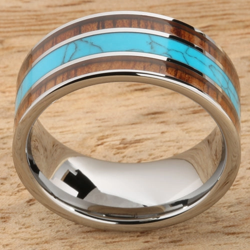 Tungsten Carbide Natural Koa Wood and Turquoise Flat Wedding Ring 10mm