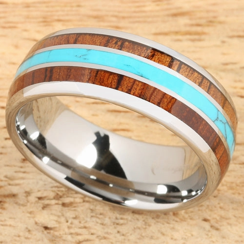 Tungsten Carbide Natural Koa Wood and Turquoise Triple Row Oval Wedding Ring 8mm