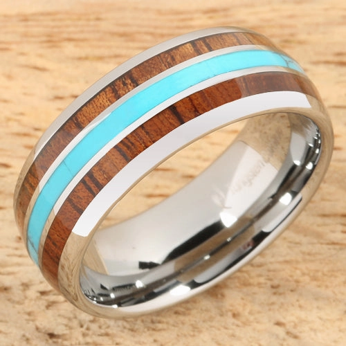 Tungsten Carbide Natural Koa Wood and Turquoise Triple Row Oval Wedding Ring 8mm