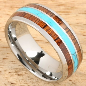 Tungsten Carbide Natural Koa Wood and Turquoise Triple Row Oval Wedding Ring 8mm