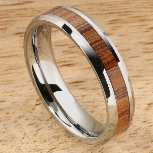 Tungsten Carbide Natural Koa Wood Beveled Edge Wedding Ring 5mm
