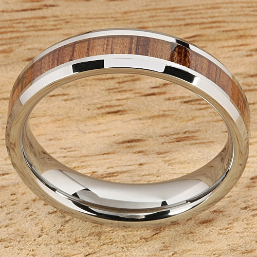 Tungsten Carbide Natural Koa Wood Beveled Edge Wedding Ring 5mm