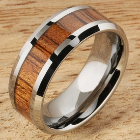 Tungsten Carbide Natural Koa Wood Beveled Edge Wedding Ring 8mm