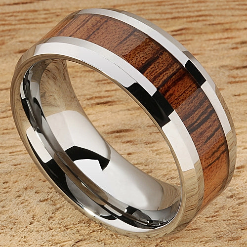 Tungsten Carbide Natural Koa Wood Beveled Edge Wedding Ring 8mm