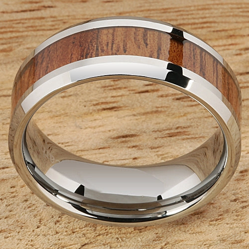 Tungsten Carbide Natural Koa Wood Beveled Edge Wedding Ring 8mm