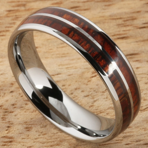 Tungsten Carbide Natural Koa Wood Double Row Oval Wedding Ring 6mm