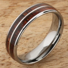 Tungsten Carbide Natural Koa Wood Double Row Oval Wedding Ring 6mm