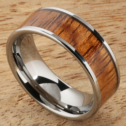 Tungsten Carbide Natural Koa Wood Flat Wedding Ring 8mm