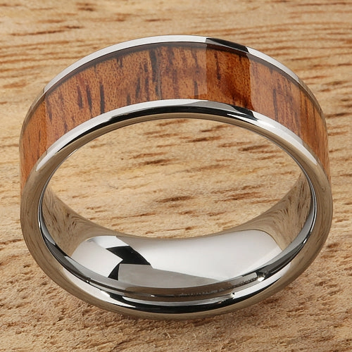 Tungsten Carbide Natural Koa Wood Flat Wedding Ring 8mm