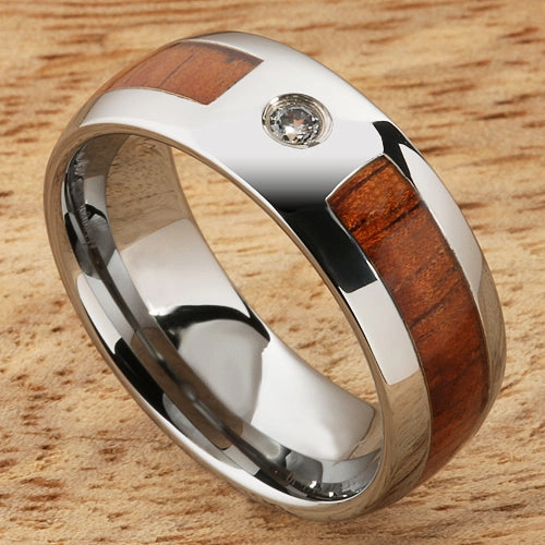 Tungsten Carbide Natural Koa Wood with CZ Oval Wedding Ring 8mm