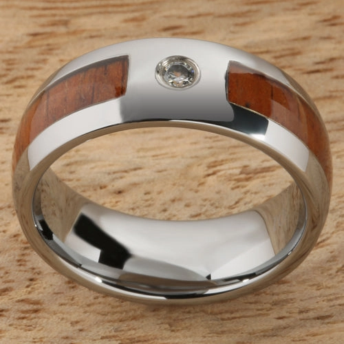 Tungsten Carbide Natural Koa Wood with CZ Oval Wedding Ring 8mm