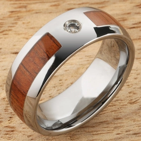 Tungsten Carbide Natural Koa Wood with CZ Oval Wedding Ring 8mm