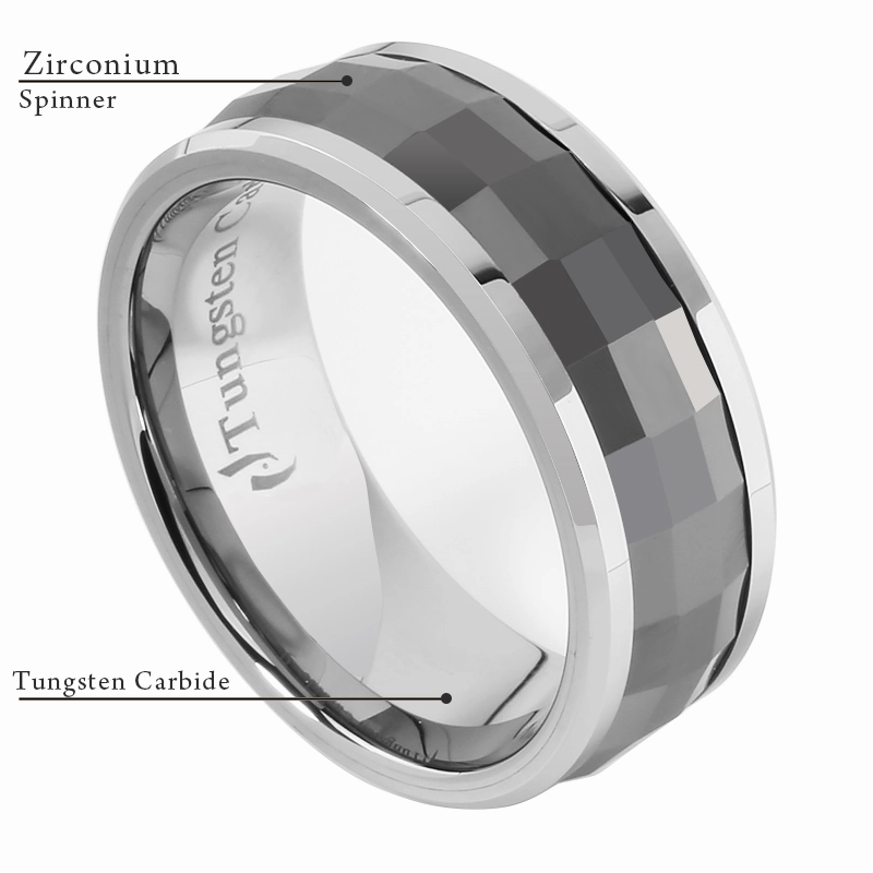 Tungsten Carbide with Diamond Cut Black Zirconium Spinner Beveled Edge Wedding Ring 8mm