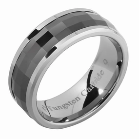 Tungsten Carbide with Diamond Cut Black Zirconium Spinner Beveled Edge Wedding Ring 8mm
