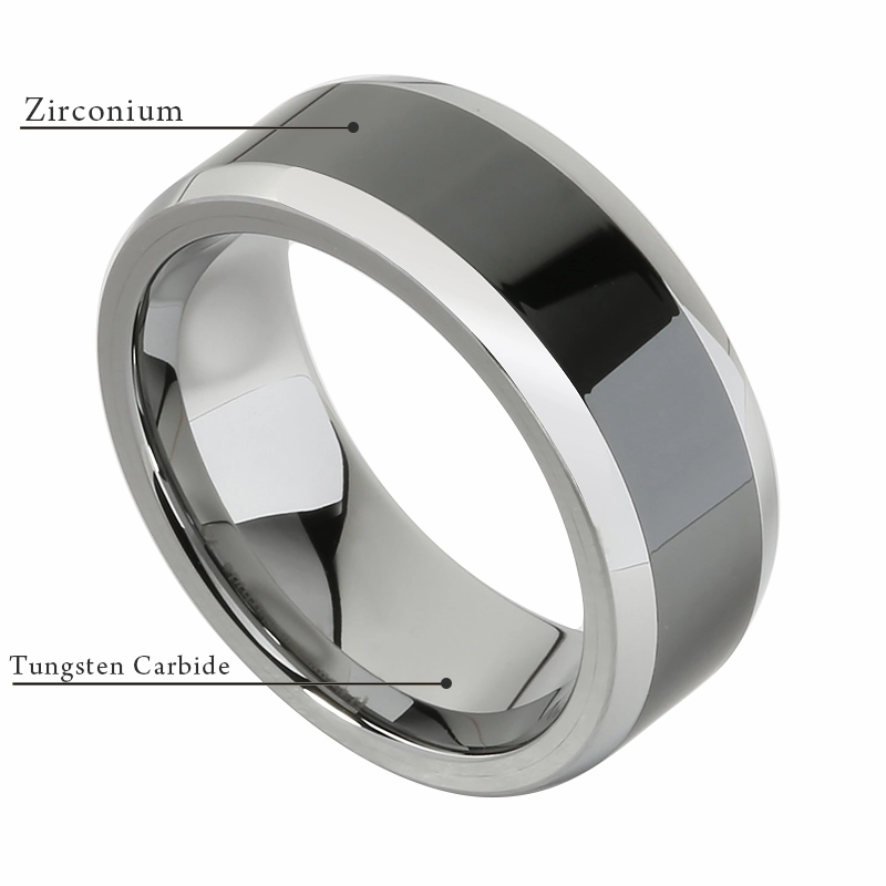 Tungsten Carbide with High Polished Black Zirconium Beveled Edge Wedding Ring 8mm
